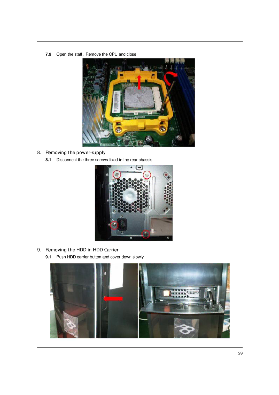 Acer M5150 manual Removing the power-supply, Removing the HDD in HDD Carrier 