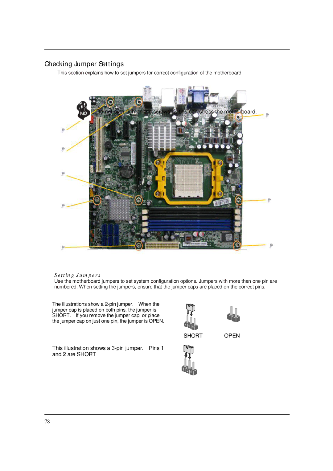 Acer M5150 manual Checking Jumper Settings, Setting Jumpers 