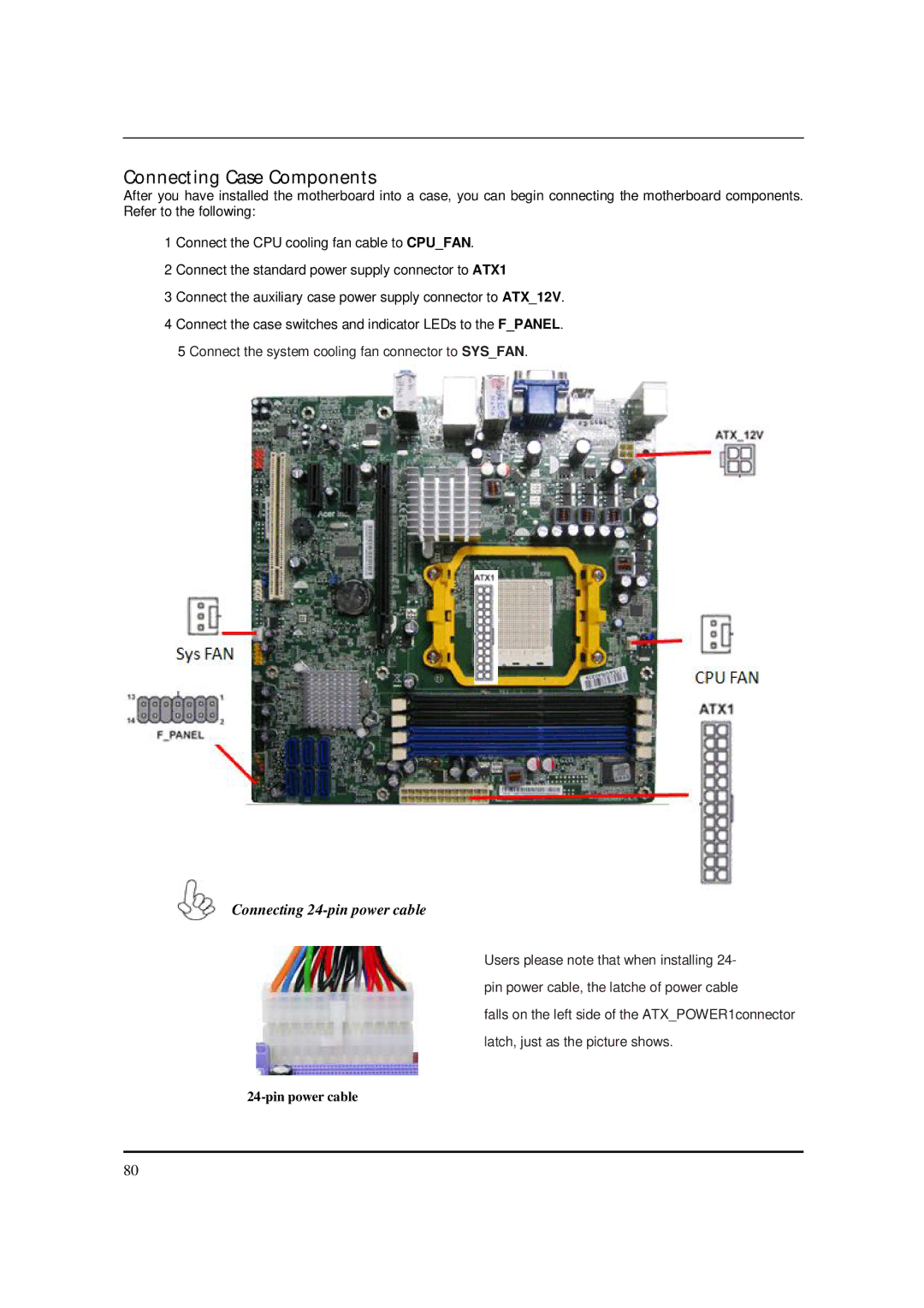 Acer M5150 manual Connecting Case Components, Connecting 24-pin power cable 