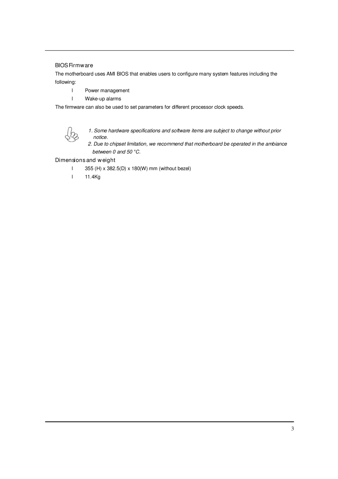 Acer M5150 manual Bios Firmware, Dimensions and weight 