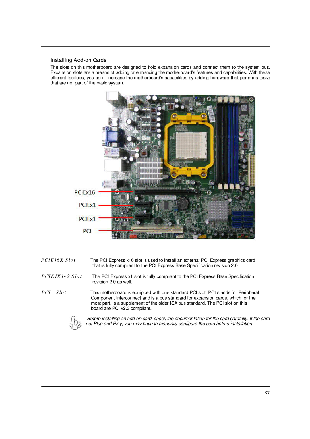 Acer M5150 manual Installing Add-on Cards, PCIE16X Slot 