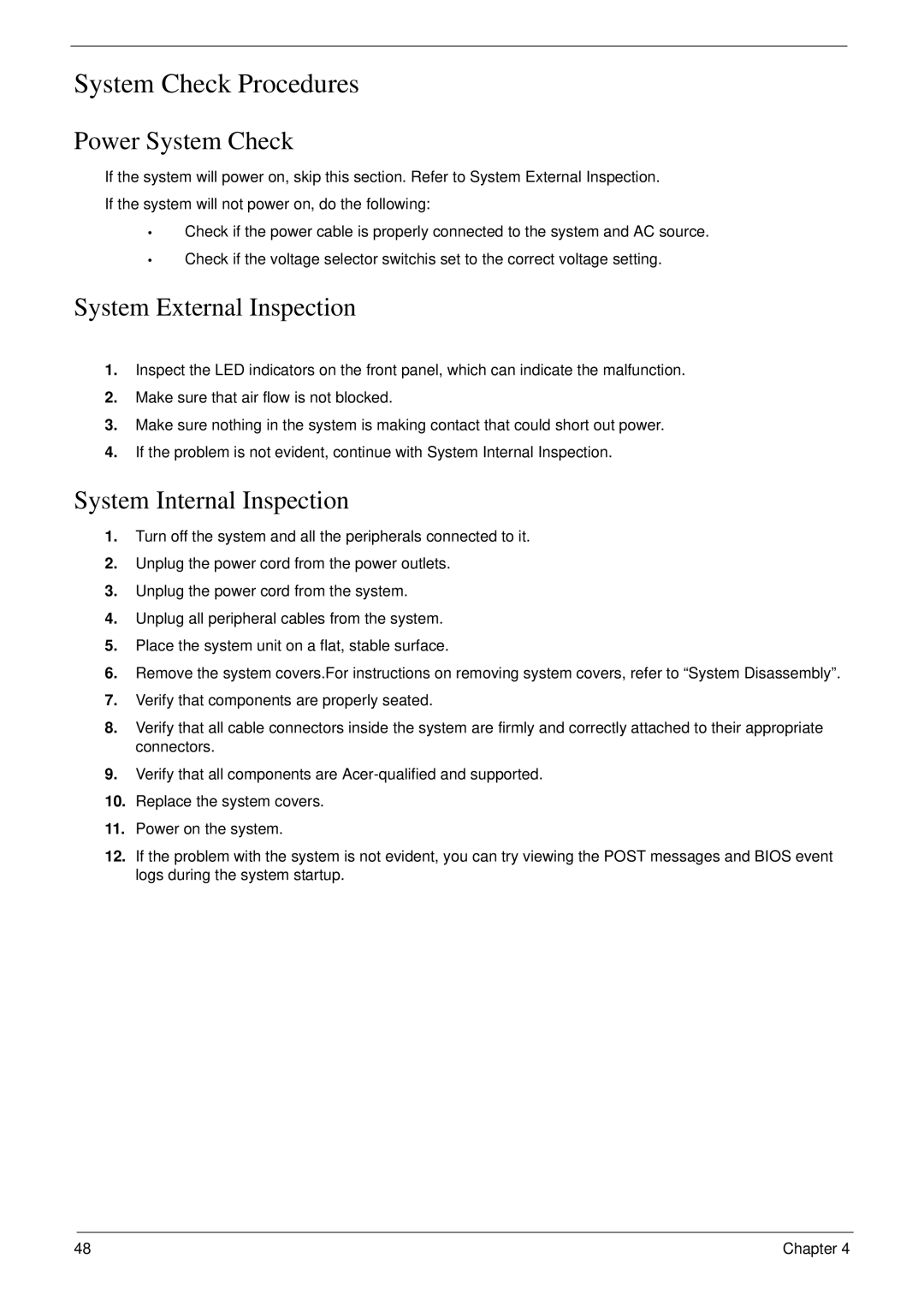 Acer M5400(G) manual Power System Check, System External Inspection, System Internal Inspection 