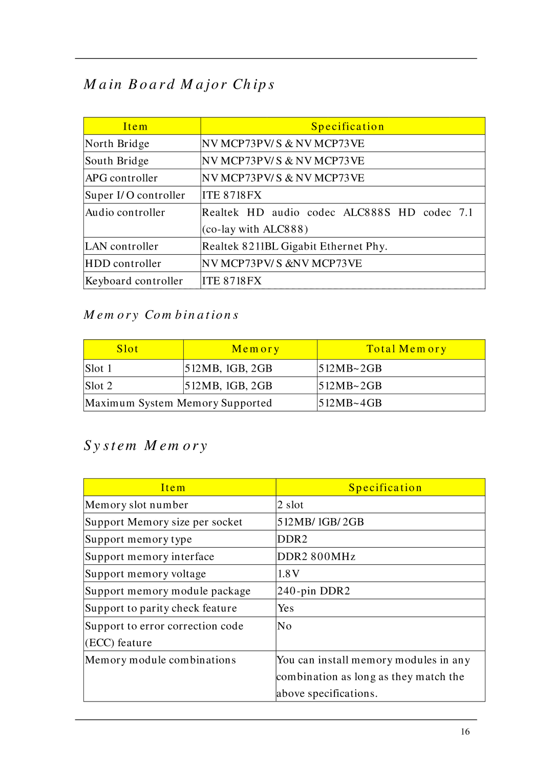 Acer M5640, M1640 manual Main Board Major Chips, System Memory, NV MCP73PV/S &NV MCP73VE, DDR2 