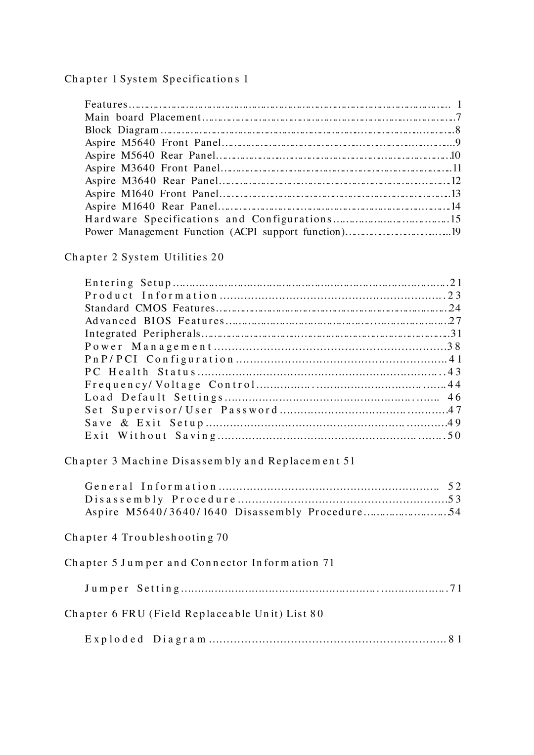 Acer M5640, M1640 manual Troubleshooting Jumper and Connector Information 