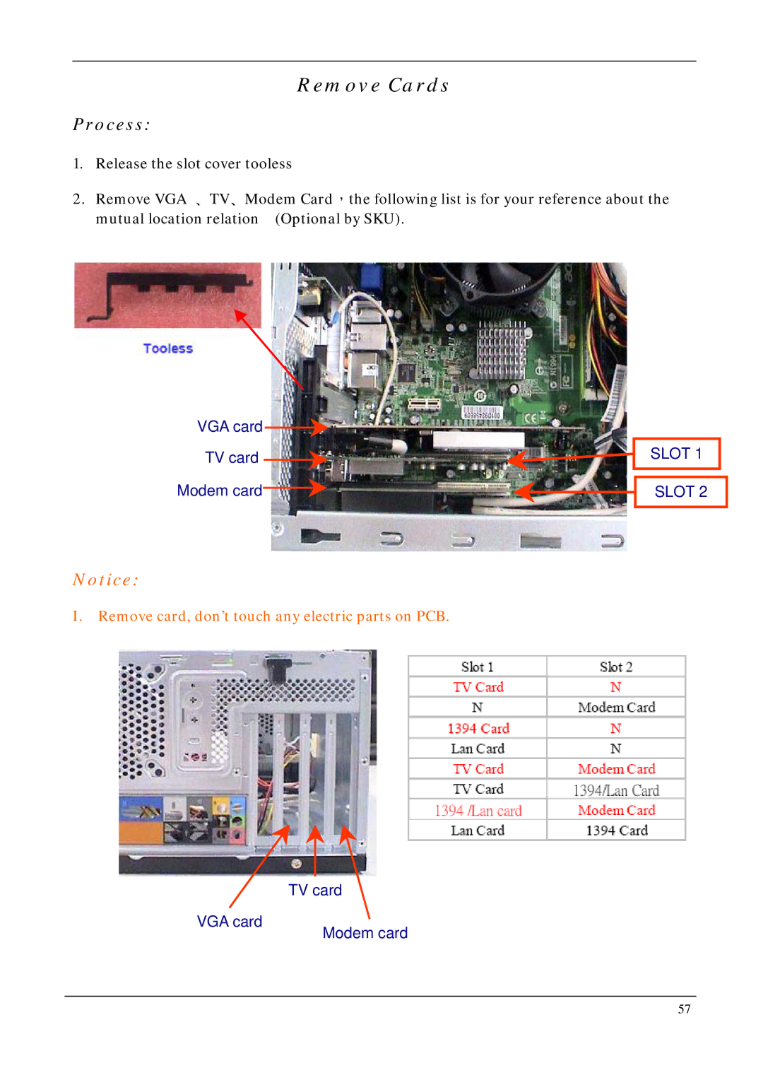 Acer M1640, M5640 manual Remove Cards 