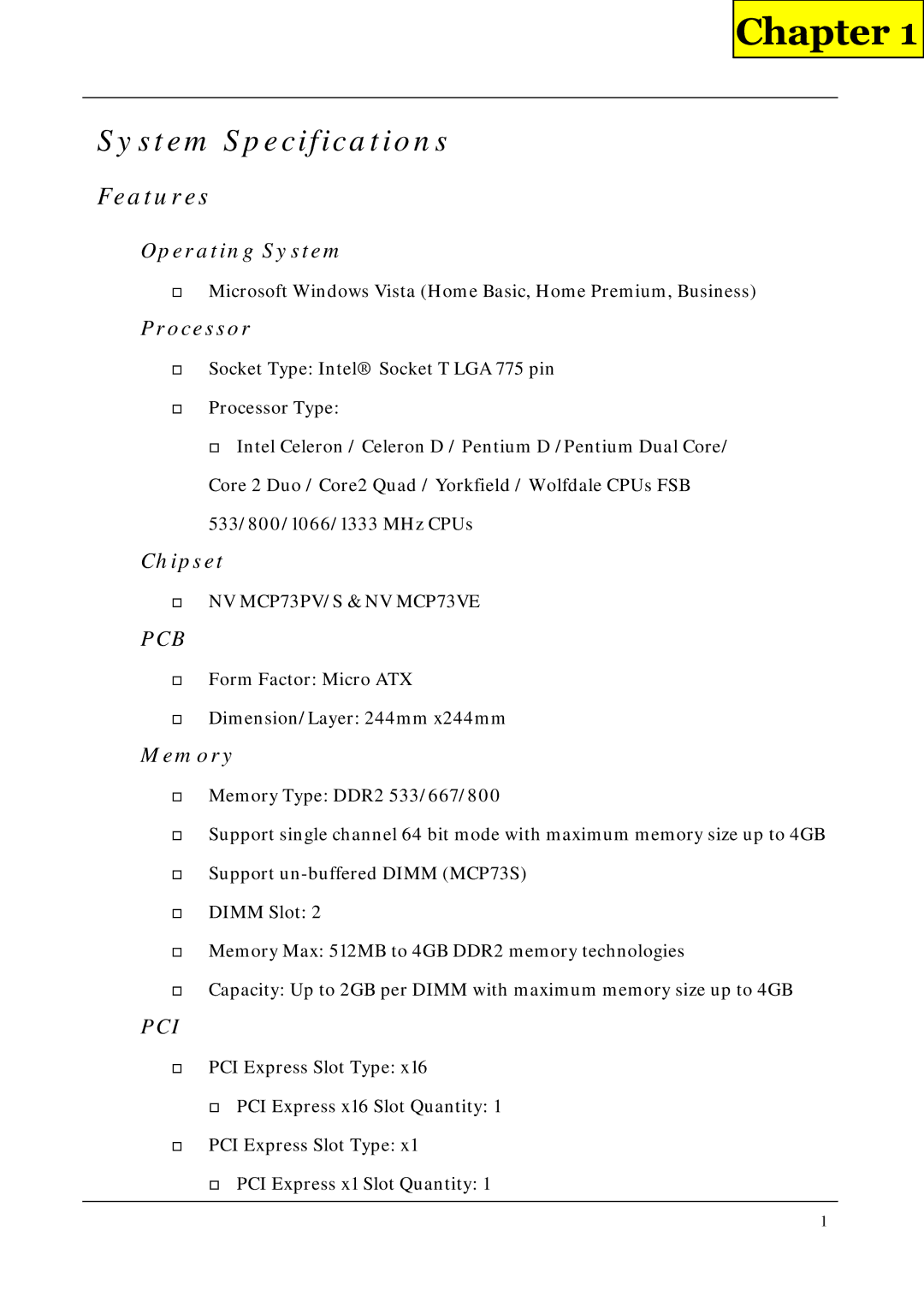 Acer M1640, M5640 manual System Specifications, Features, NV MCP73PV/S & NV MCP73VE 