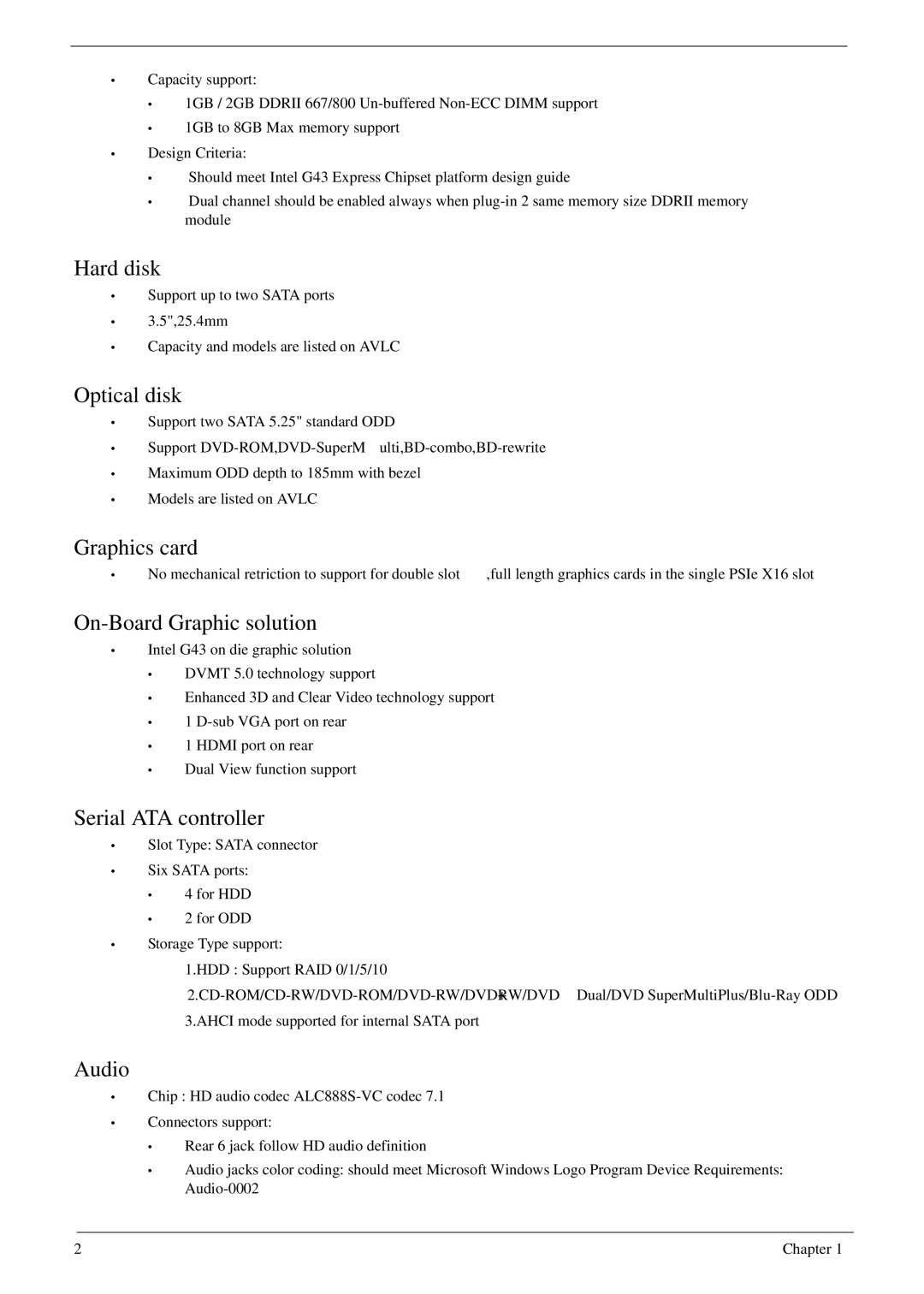 Acer M5802(G) manual Hard disk, Optical disk, Graphics card, On-Board Graphic solution, Serial ATA controller, Audio 