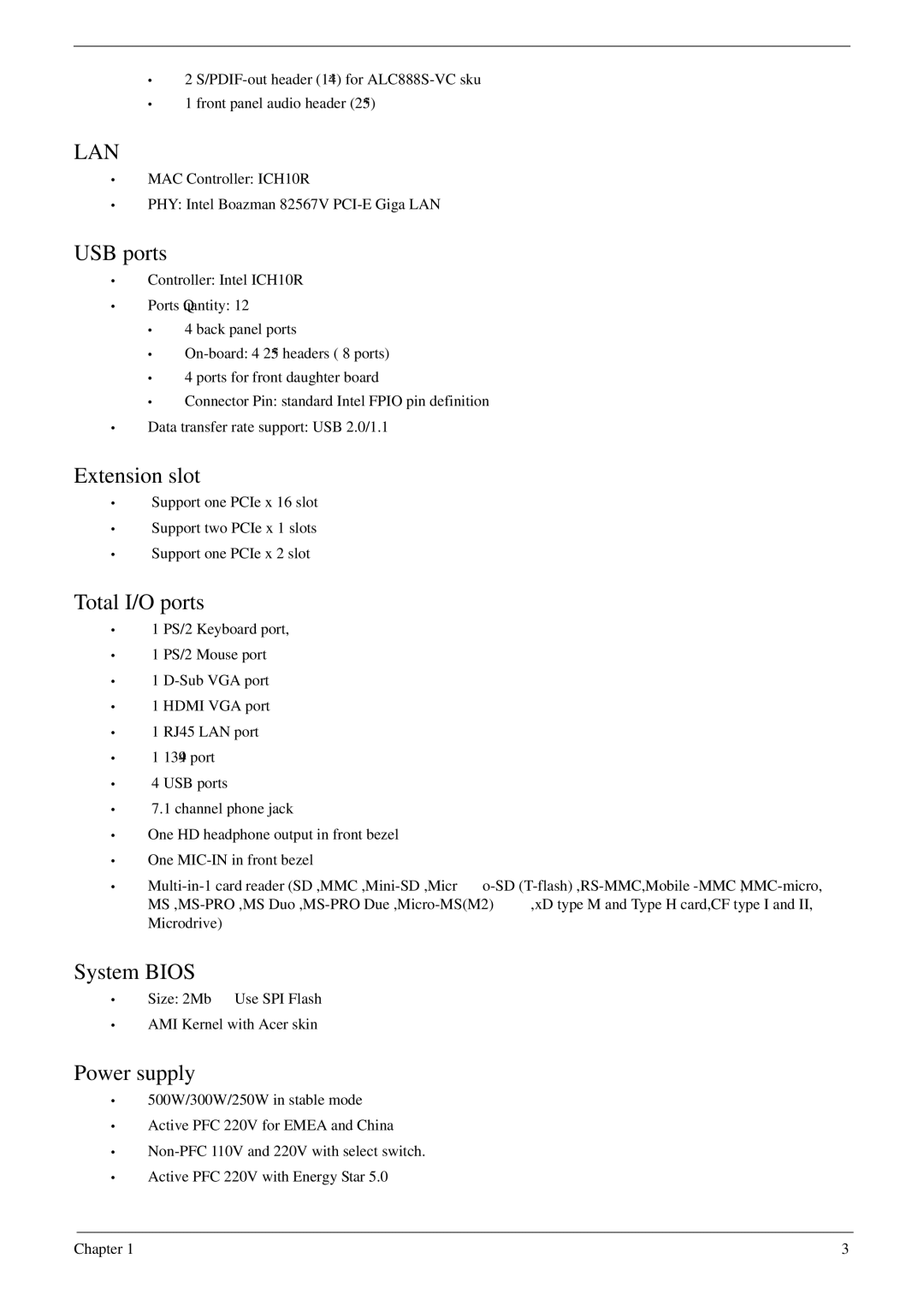 Acer M5802(G) manual USB ports, Extension slot, Total I/O ports, System Bios, Power supply 