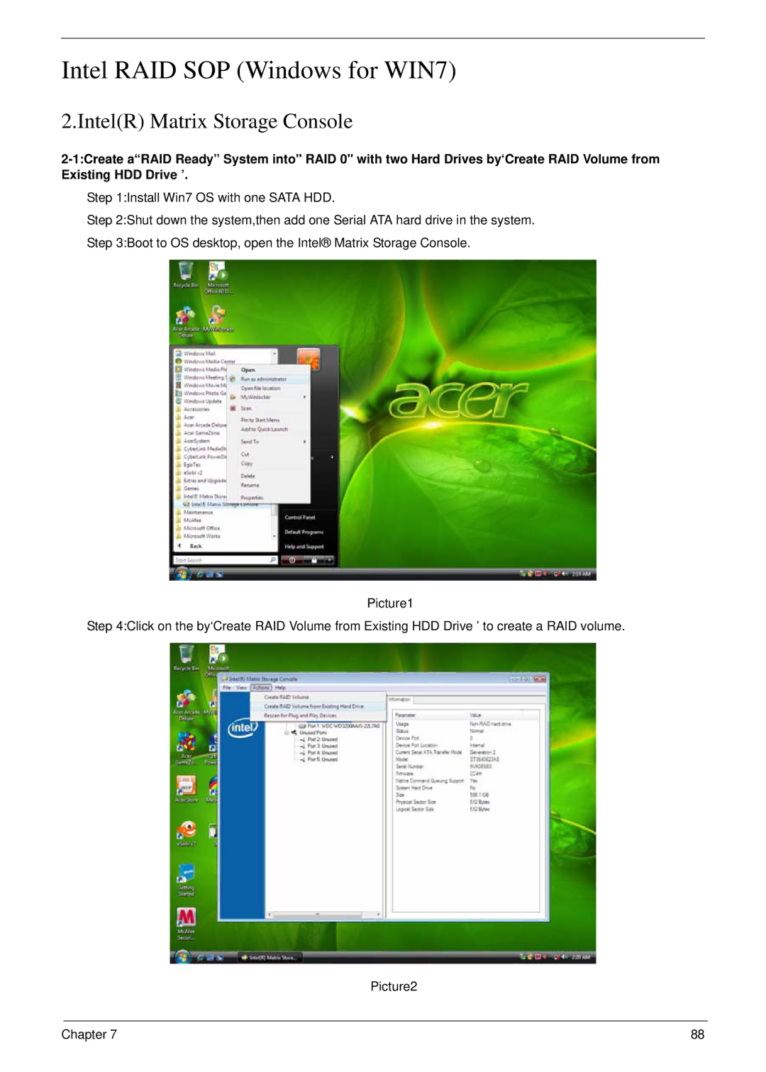 Acer M5802(G) manual Intel RAID SOP Windows for WIN7, IntelR Matrix Storage Console 