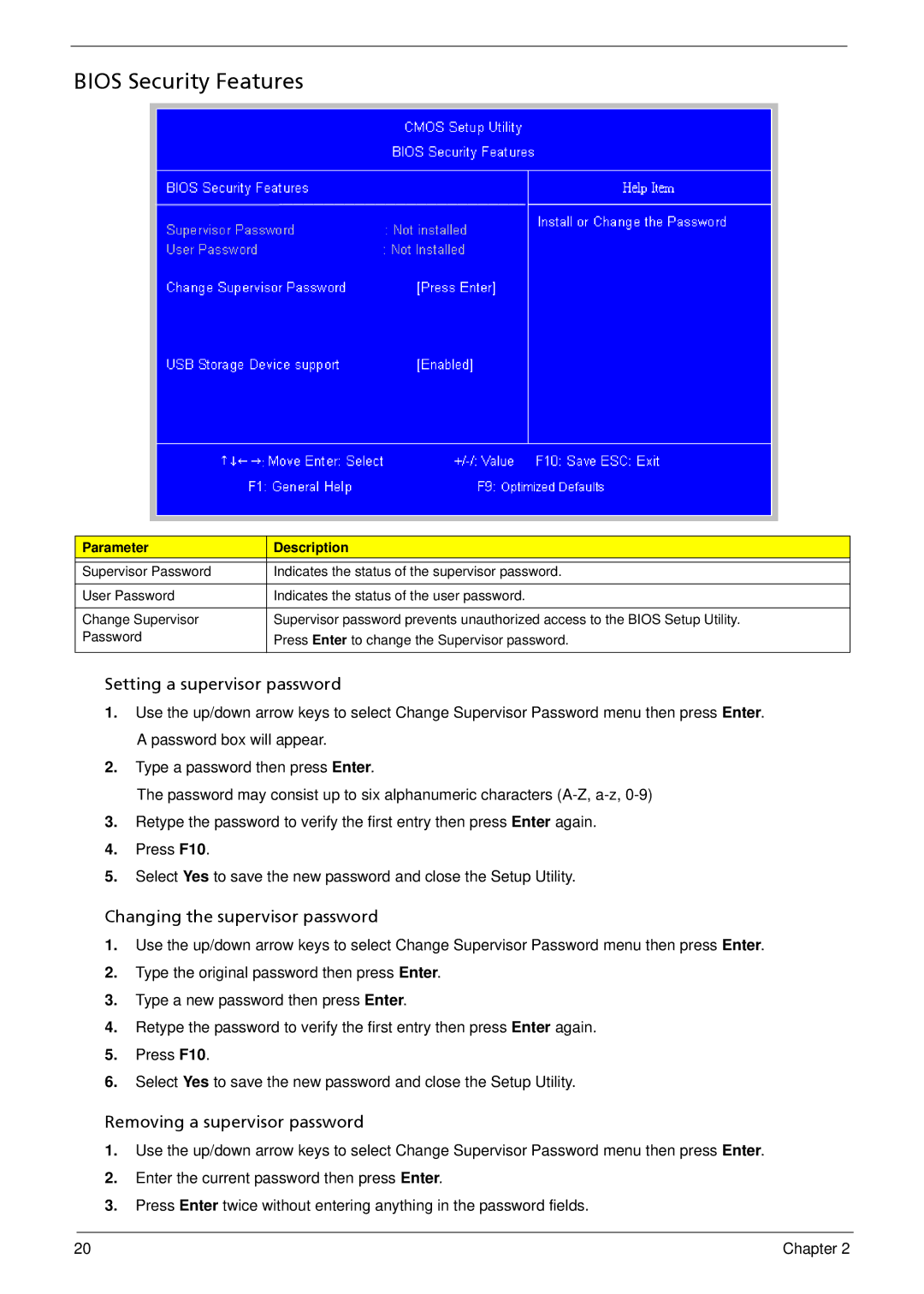 Acer M5810 manual Bios Security Features, Setting a supervisor password 