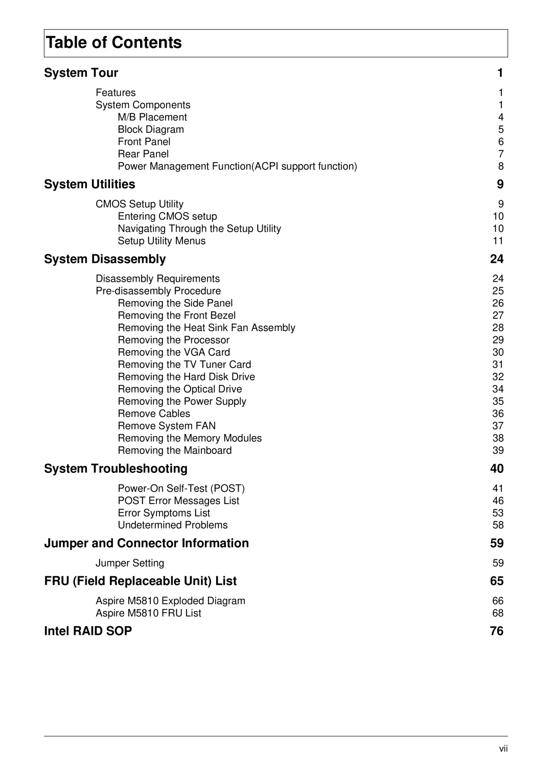 Acer M5810 manual Table of Contents 