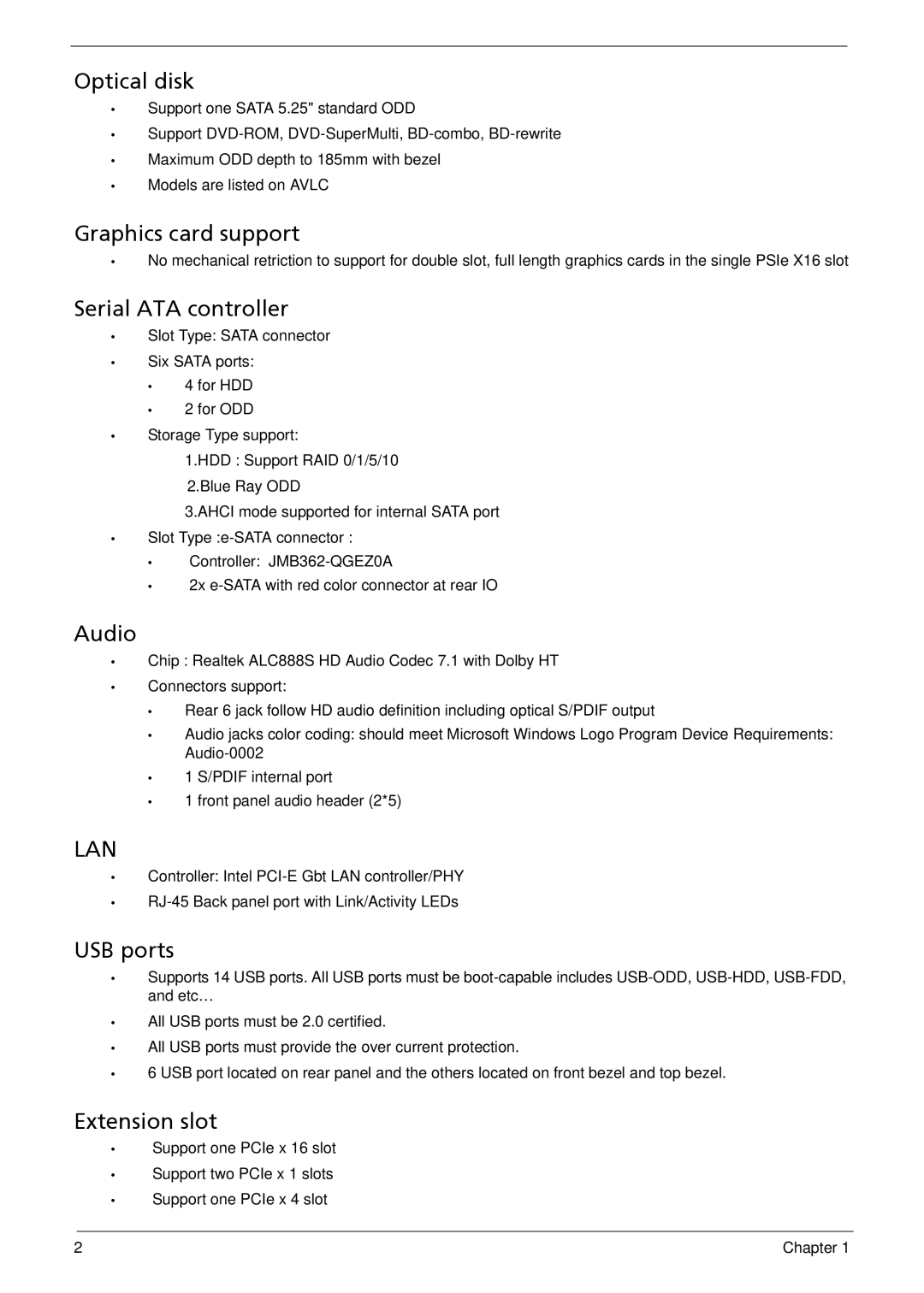 Acer M5810 manual Optical disk, Graphics card support, Serial ATA controller, Audio, USB ports, Extension slot 