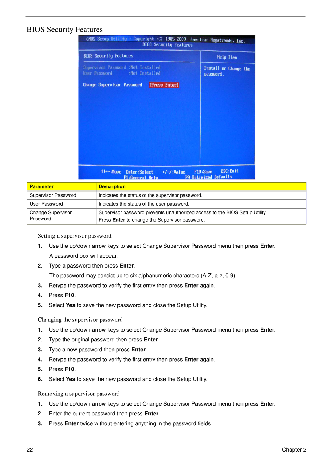 Acer M5811 manual Bios Security Features, Setting a supervisor password 