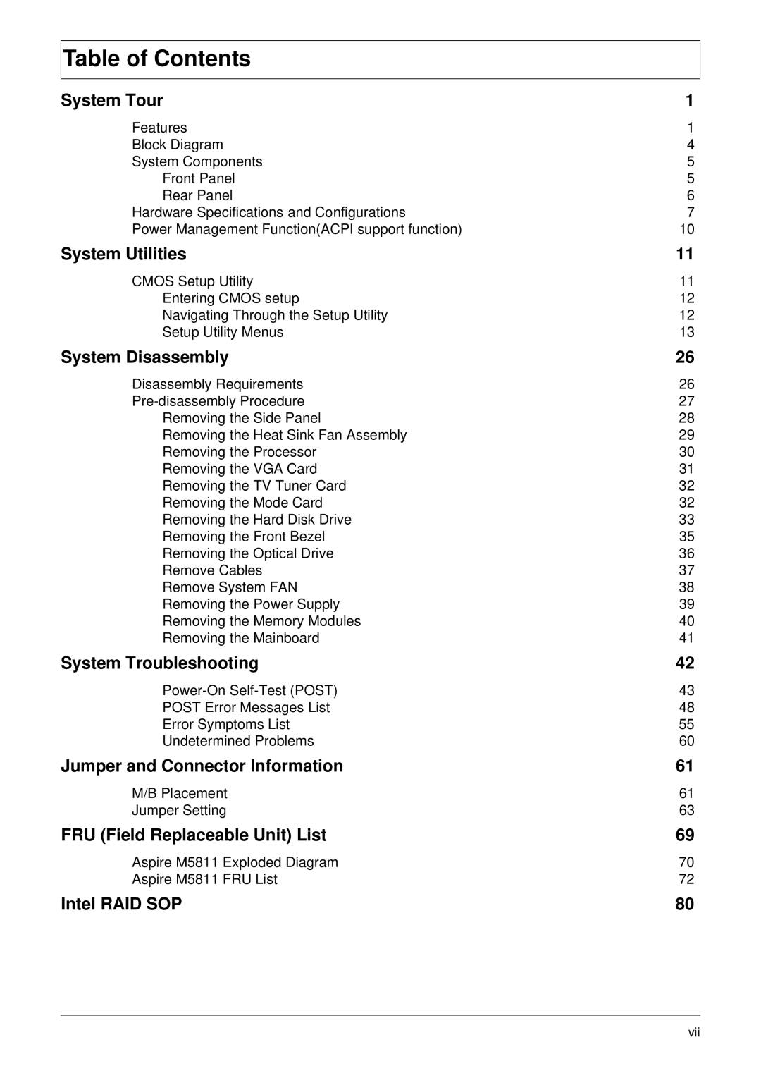 Acer M5811 manual Table of Contents 