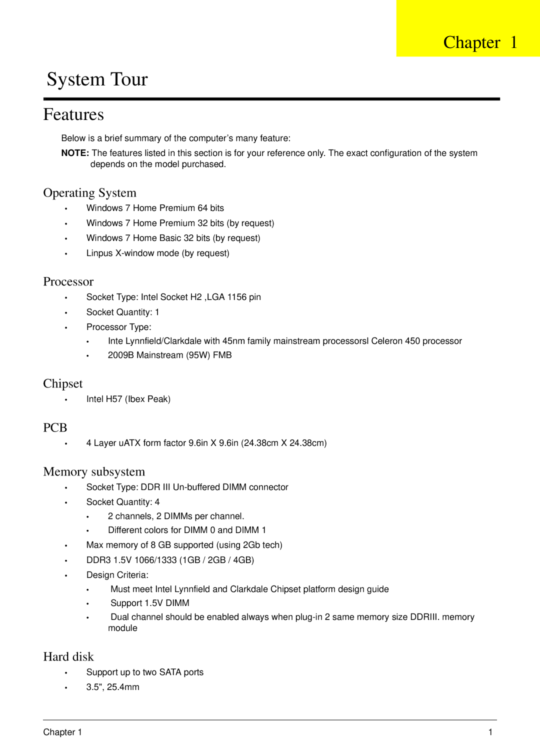 Acer M5811 manual Chapter, Features 