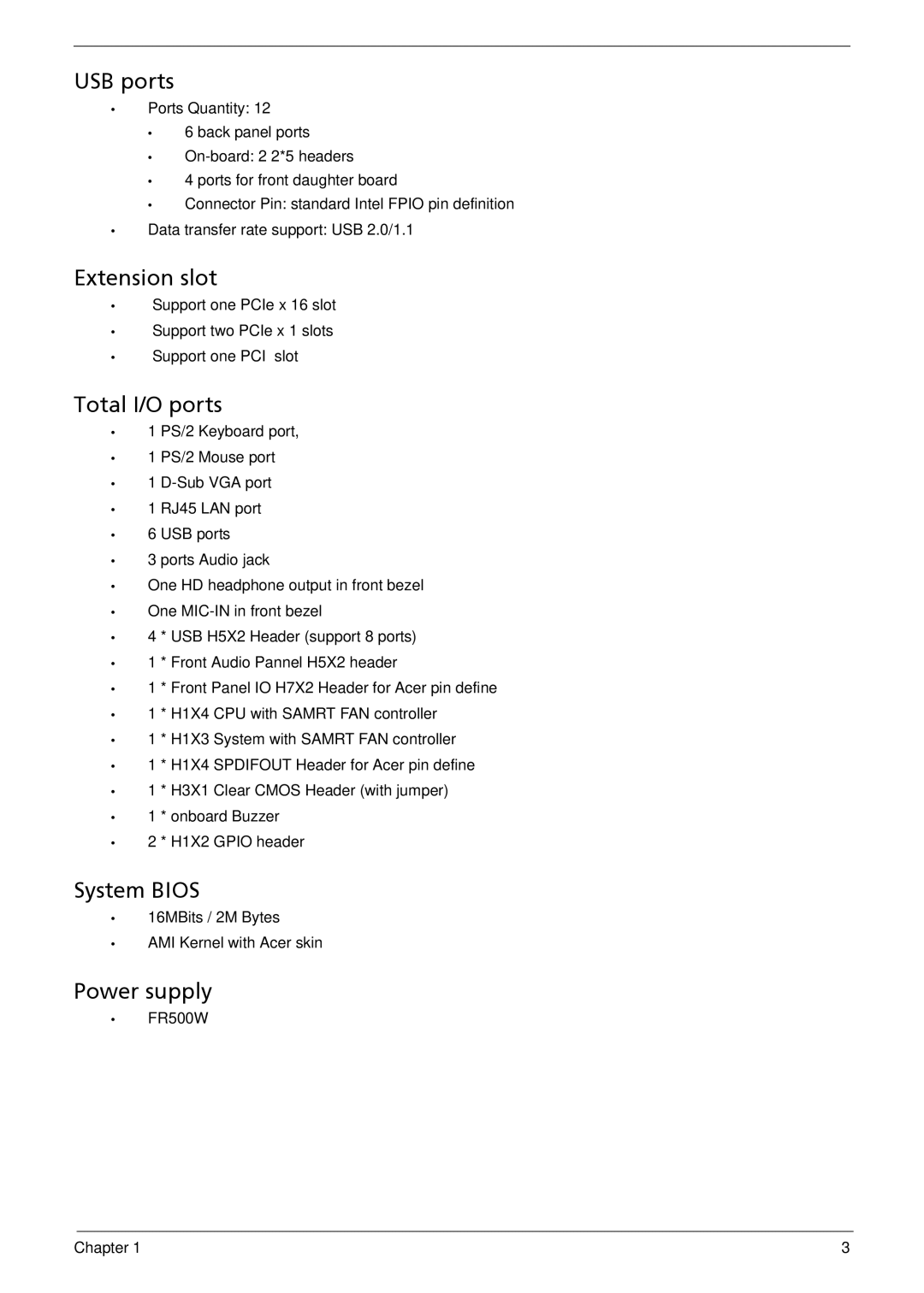 Acer M5910(G) manual USB ports, Extension slot, Total I/O ports, System Bios, Power supply 