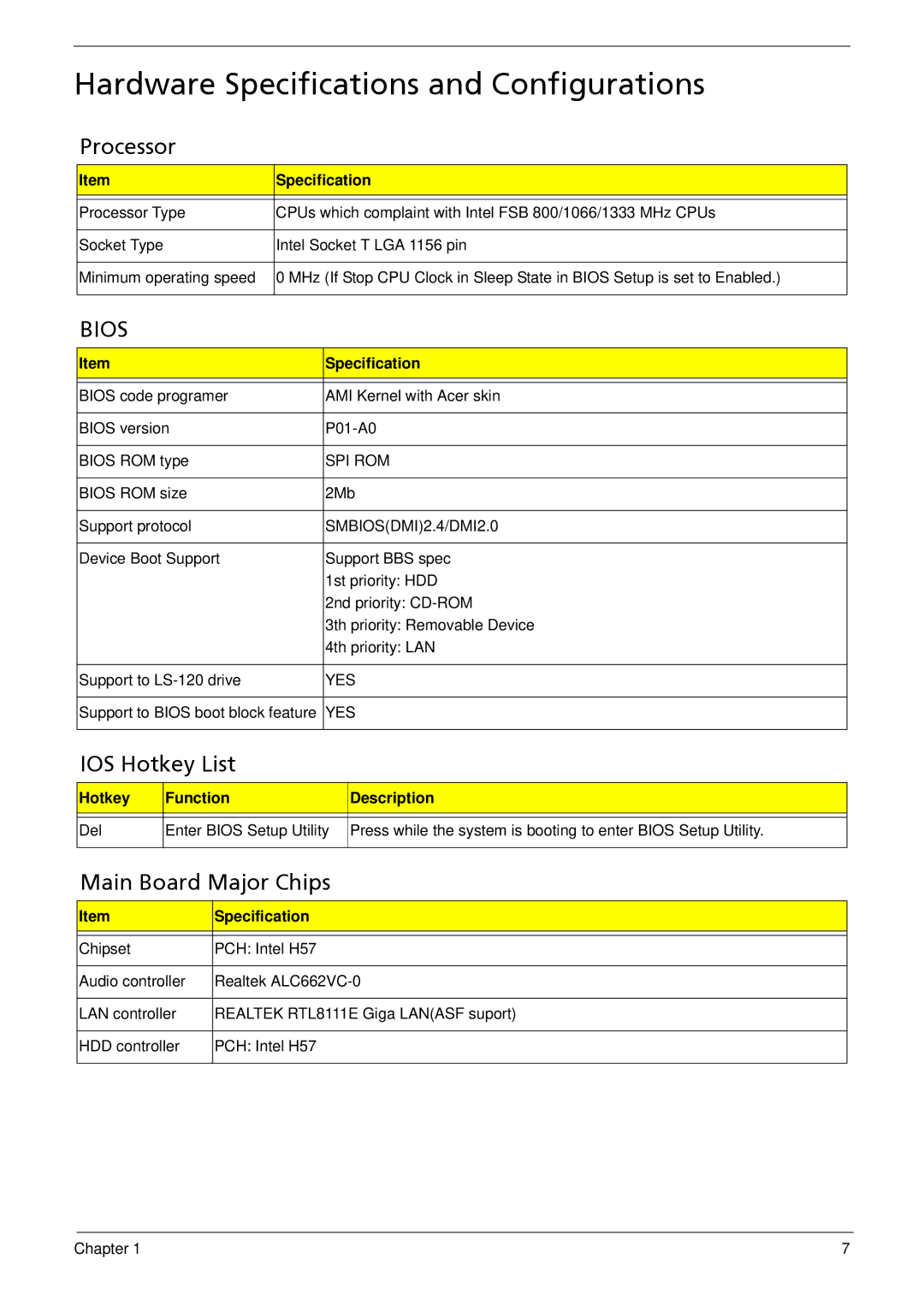 Acer M5910(G) manual Hardware Specifications and Configurations, IOS Hotkey List, Main Board Major Chips 