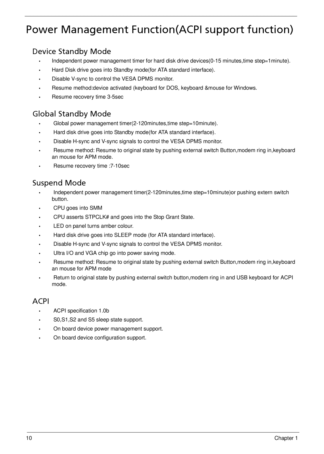 Acer M5910(G) manual Power Management FunctionACPI support function, Device Standby Mode, Global Standby Mode, Suspend Mode 