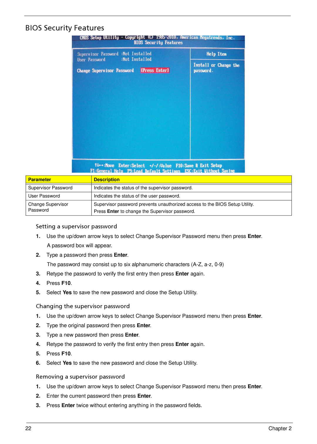 Acer M5910(G) manual Bios Security Features, Setting a supervisor password 