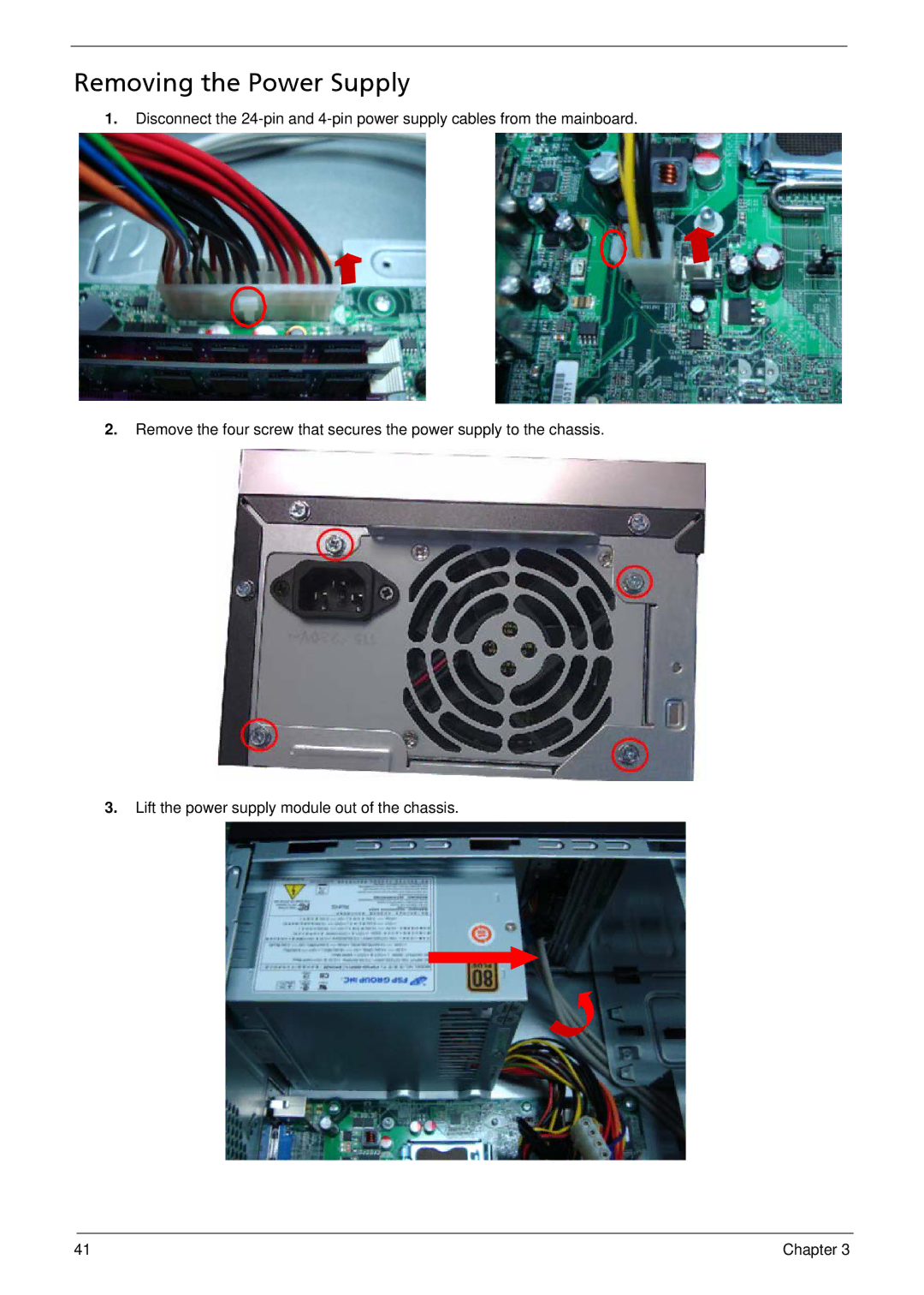 Acer M5910(G) manual Removing the Power Supply 