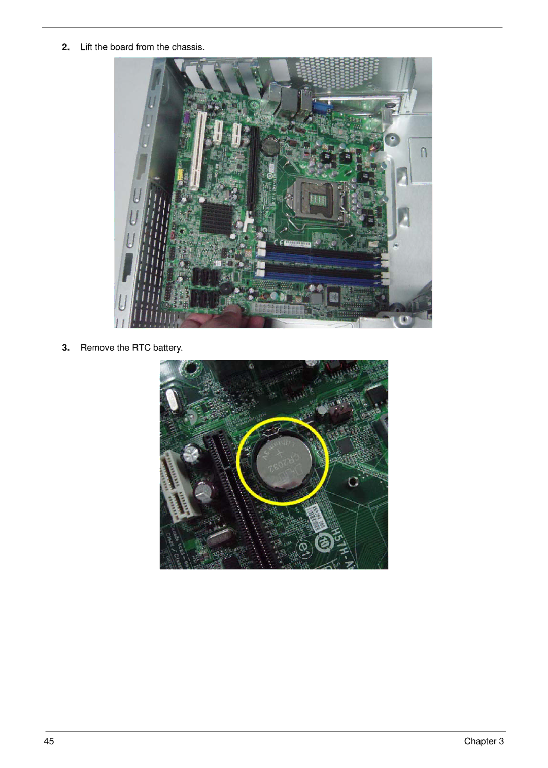 Acer M5910(G) manual Lift the board from the chassis Remove the RTC battery 