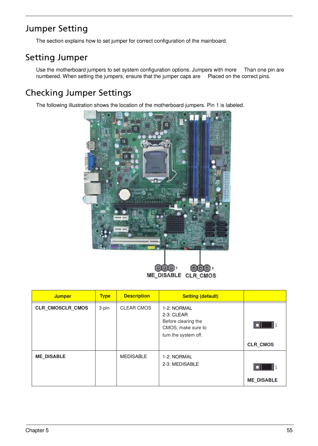 Acer M5910(G) manual Setting Jumper, Checking Jumper Settings 