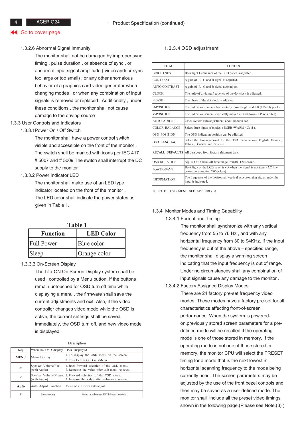 Acer MB243WABNS service manual Function LED Color 