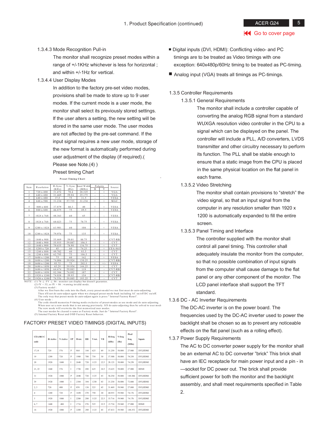 Acer MB243WABNS service manual Factory Preset Video Timings Digital Inputs 