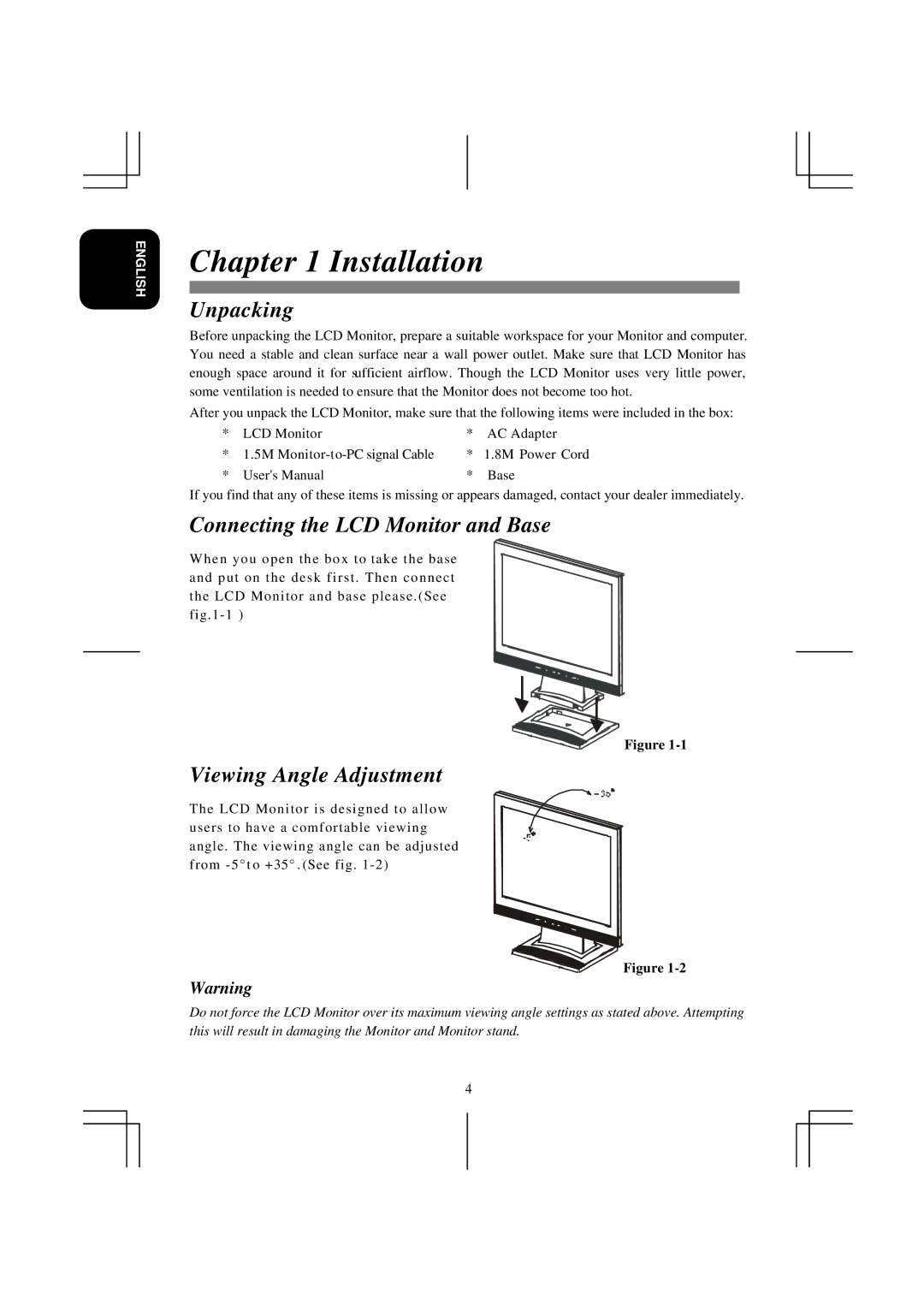 Acer model specifications Installation, Unpacking, Connecting the LCD Monitor and Base, Viewing Angle Adjustment 