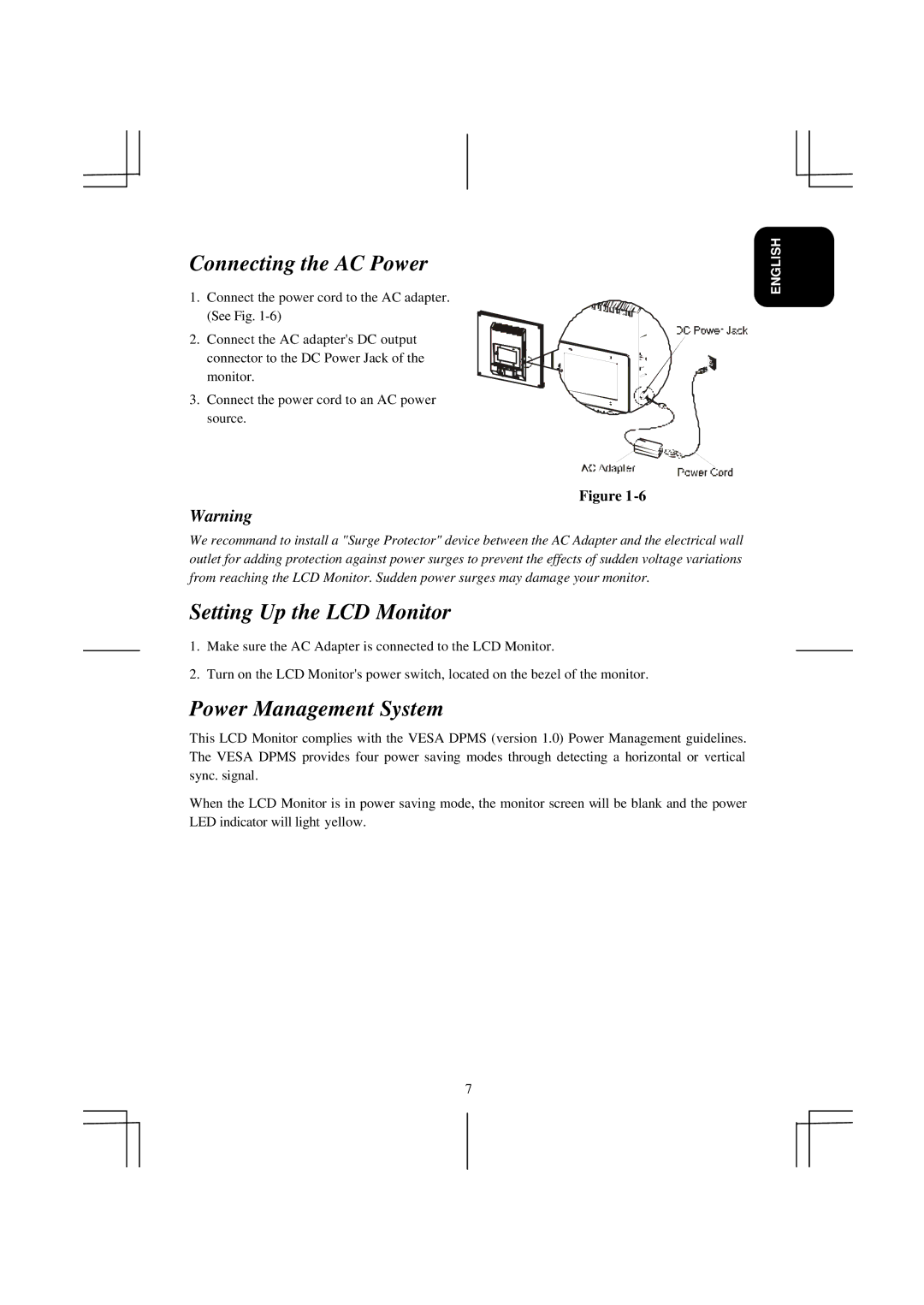 Acer model specifications Connecting the AC Power, Setting Up the LCD Monitor, Power Management System 