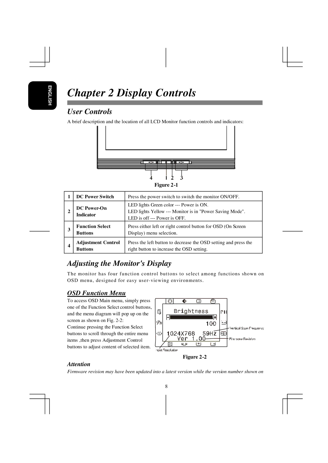 Acer model specifications Display Controls, User Controls, Adjusting the Monitors Display 