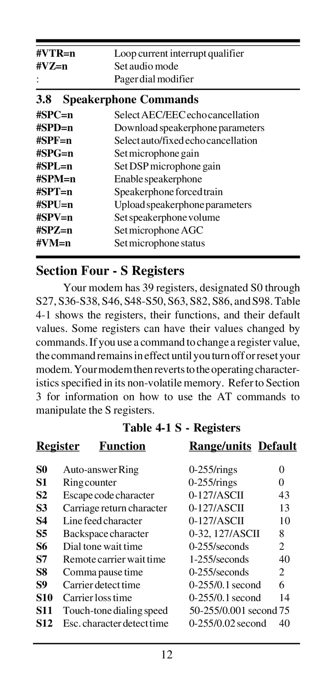 Acer Modemconte user manual Section Four S Registers, Speakerphone Commands, Register Function Range/units Default 