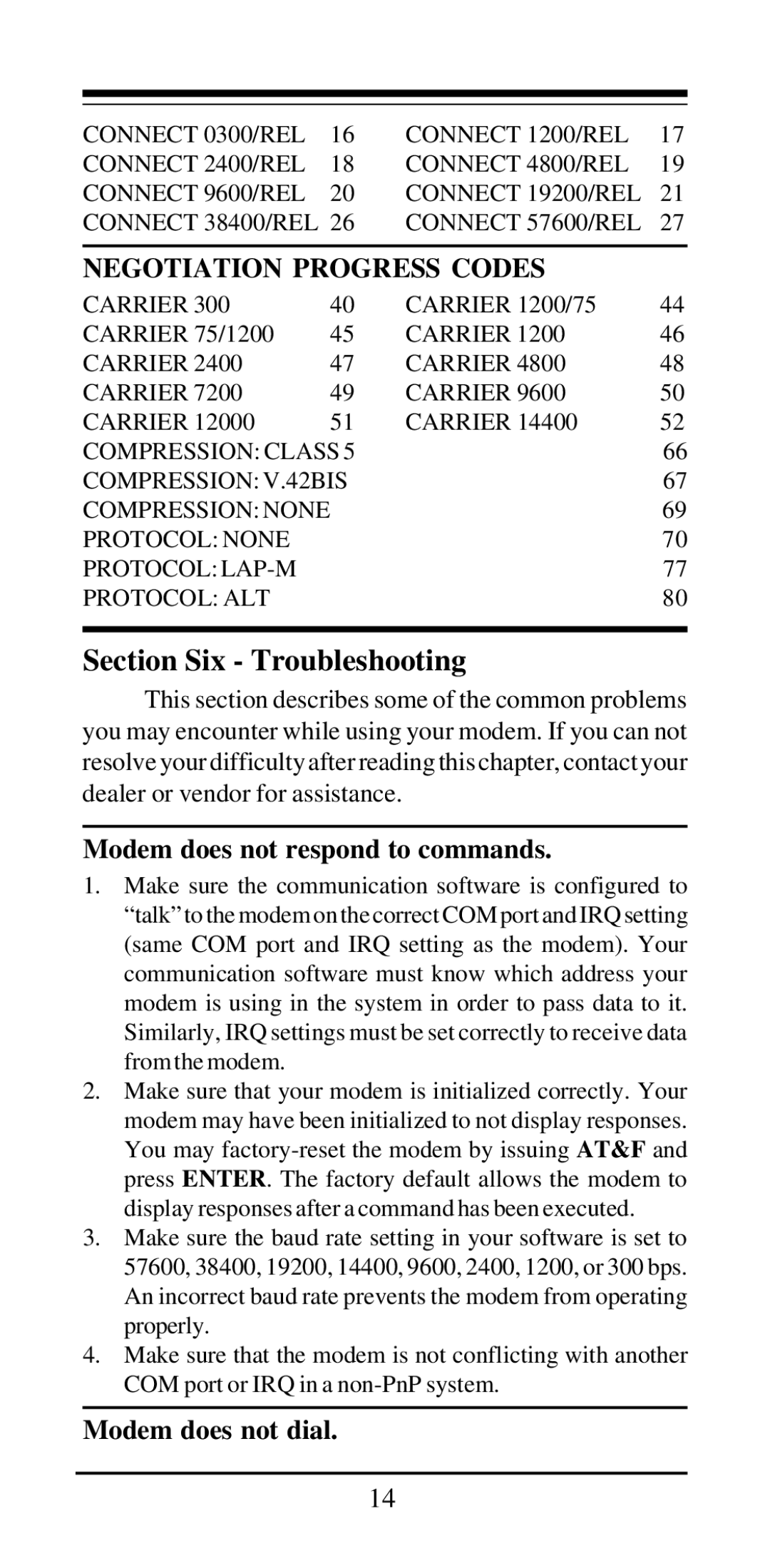 Acer Modemconte user manual Section Six Troubleshooting, Modem does not respond to commands, Modem does not dial 