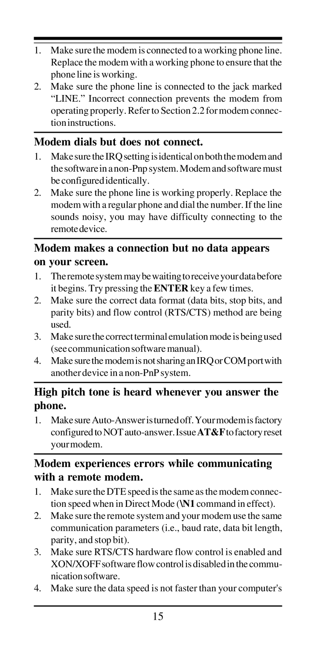 Acer Modemconte user manual Modem dials but does not connect, Modem makes a connection but no data appears on your screen 