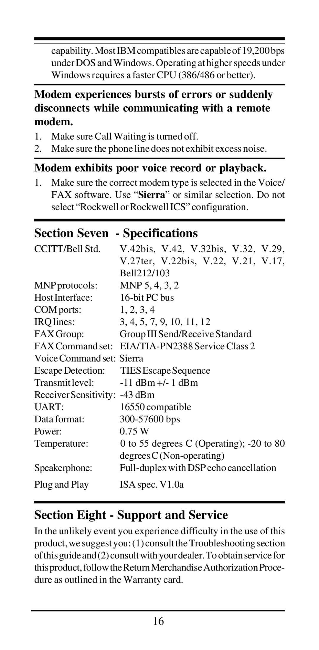 Acer Modemconte user manual Section Eight Support and Service, Modem exhibits poor voice record or playback 