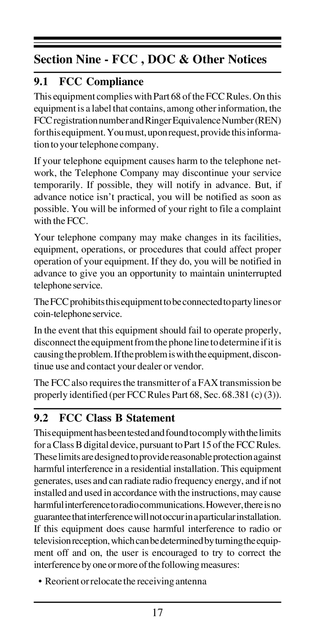 Acer Modemconte user manual Section Nine FCC , DOC & Other Notices, FCC Compliance, FCC Class B Statement 