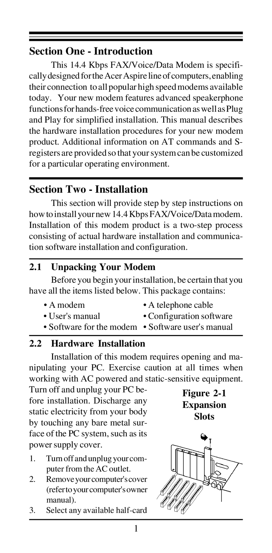 Acer Modemconte user manual Section One Introduction, Section Two Installation, Unpacking Your Modem, Hardware Installation 