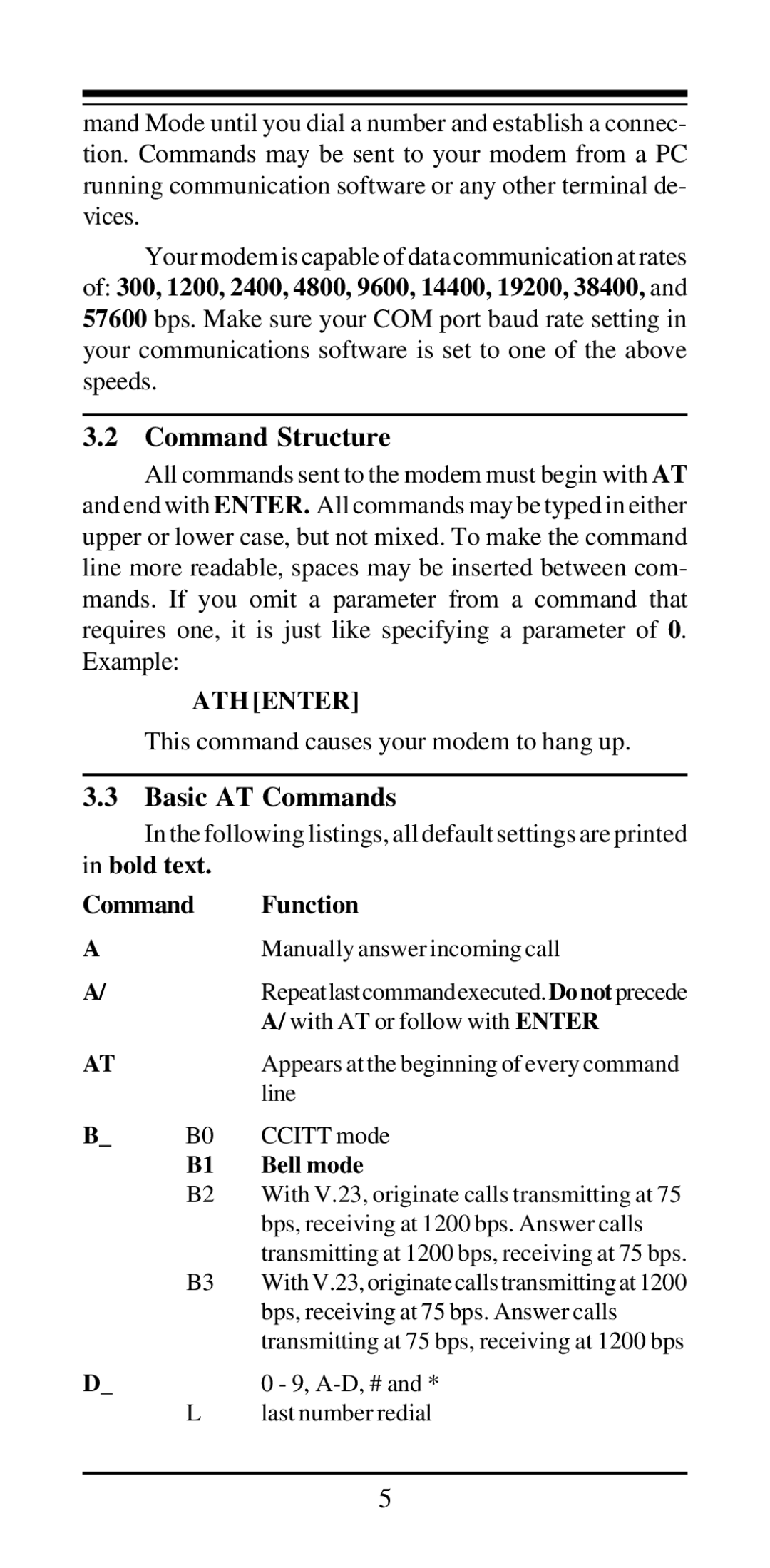 Acer Modemconte user manual Command Structure, Basic AT Commands, Bold text Command Function, Bell mode 