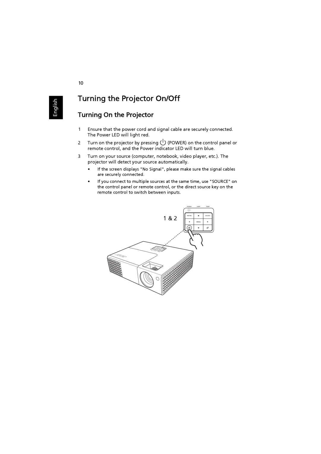 Acer MRJFZ1100A manual Turning the Projector On/Off, Turning On the Projector 