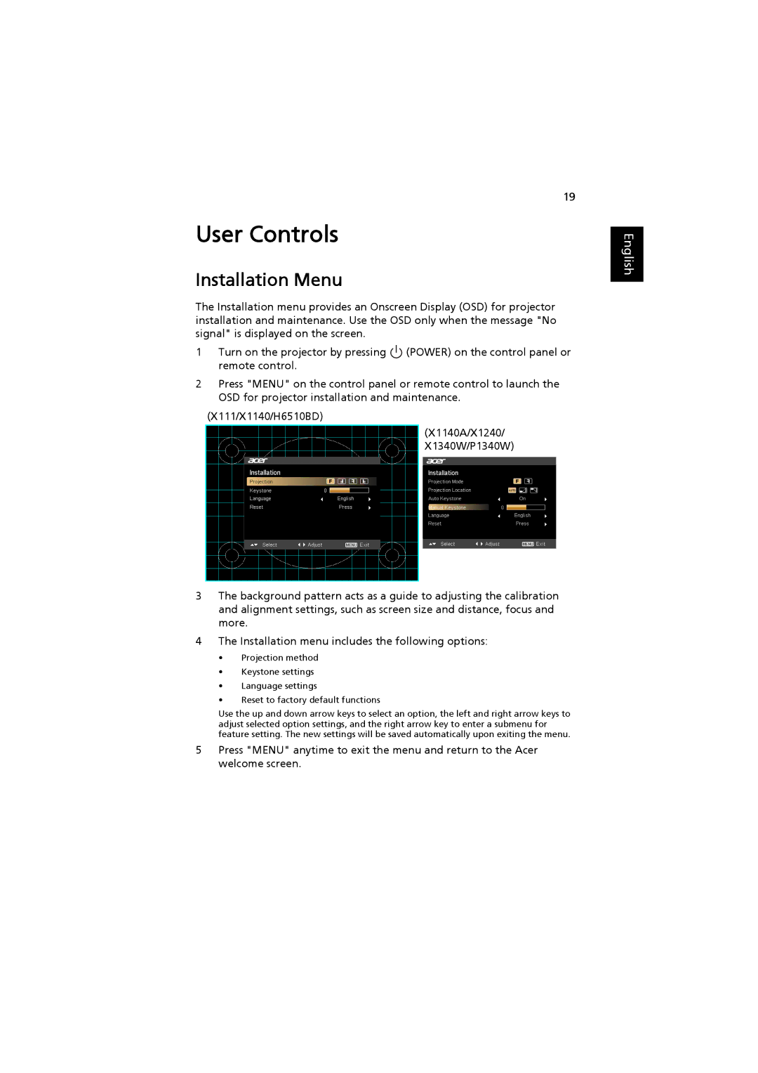 Acer MRJFZ1100A manual User Controls, Installation Menu 