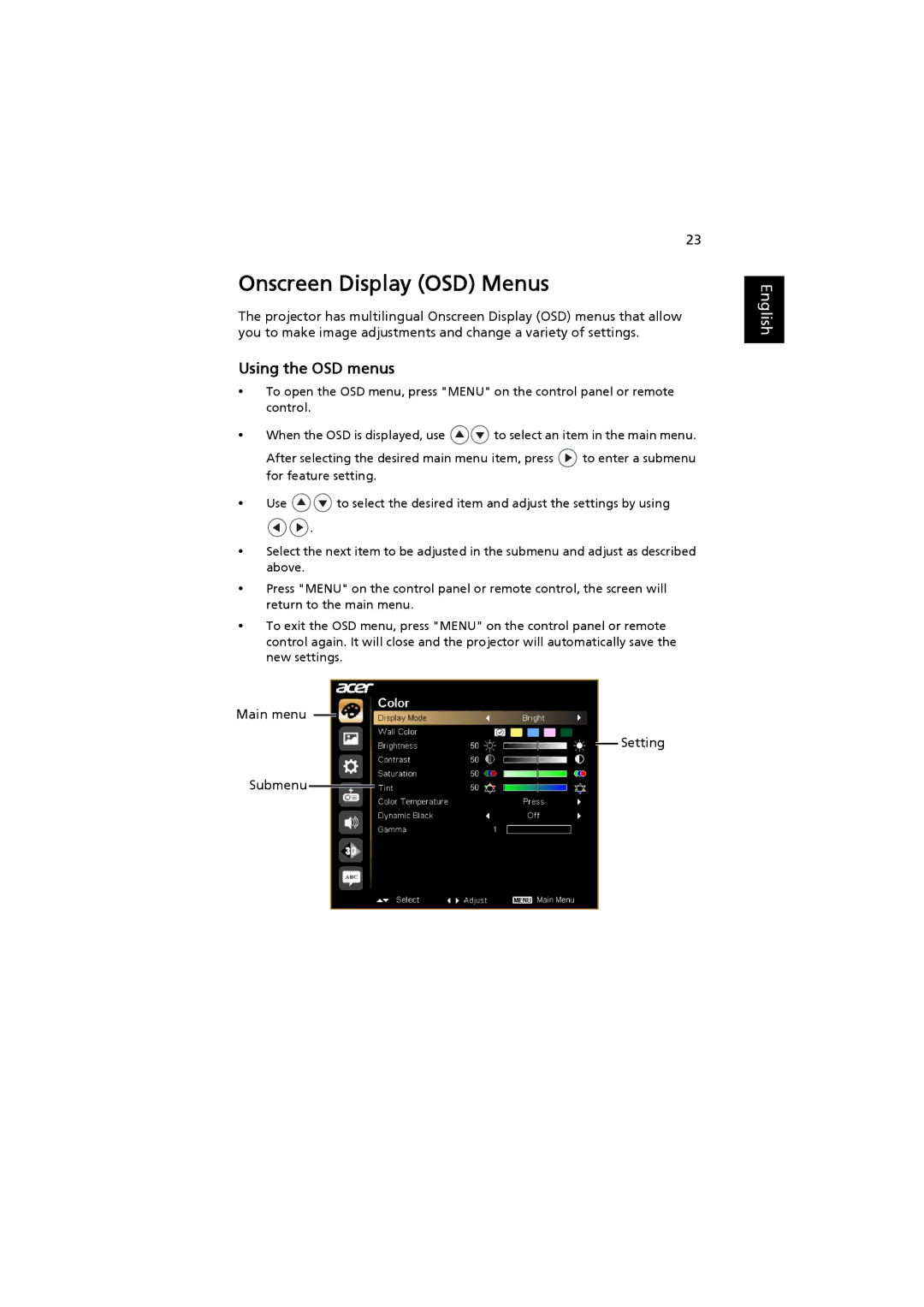 Acer MRJFZ1100A manual Onscreen Display OSD Menus, Using the OSD menus 