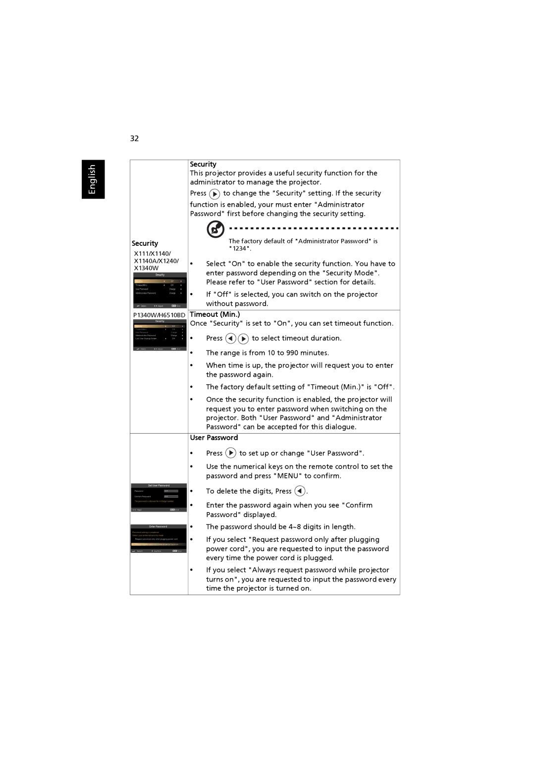 Acer MRJFZ1100A manual Security, User Password 