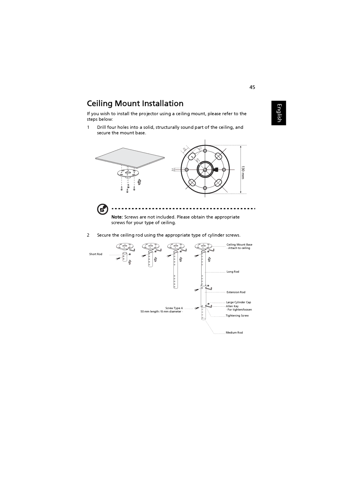 Acer MRJFZ1100A manual Ceiling Mount Installation 