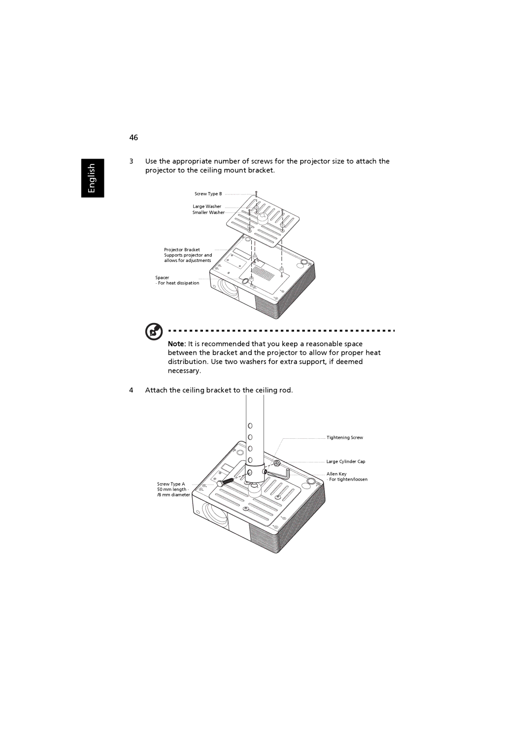 Acer MRJFZ1100A manual Attach the ceiling bracket to the ceiling rod 