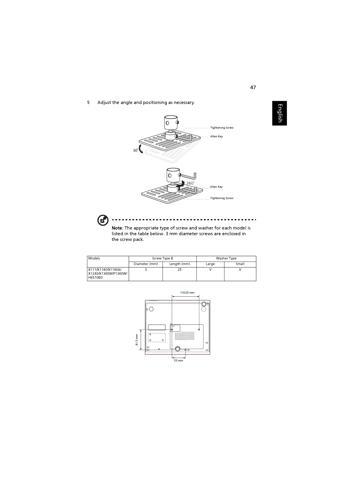 Acer MRJFZ1100A manual Adjust the angle and positioning as necessary 