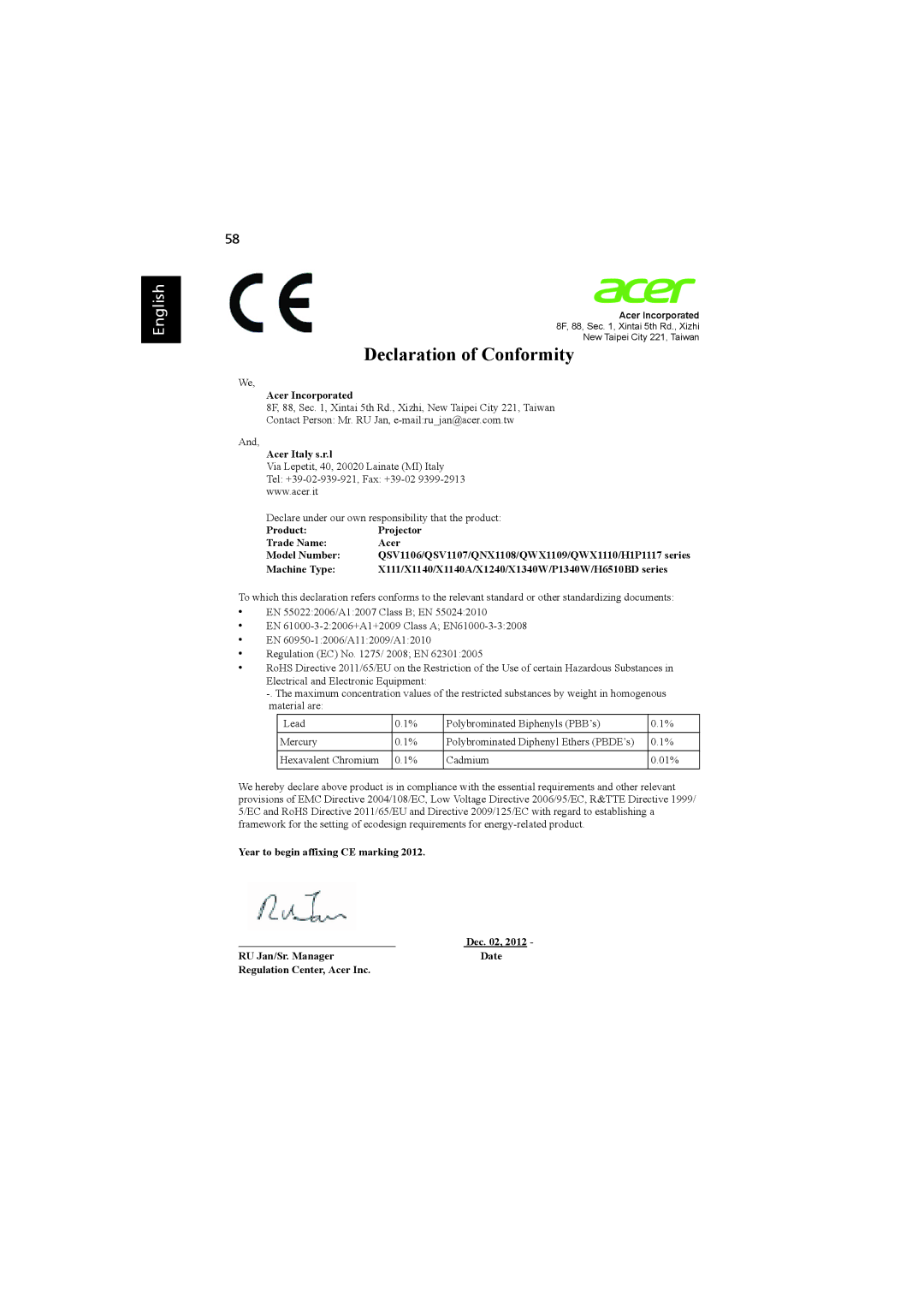 Acer MRJFZ1100A manual Declaration of Conformity 