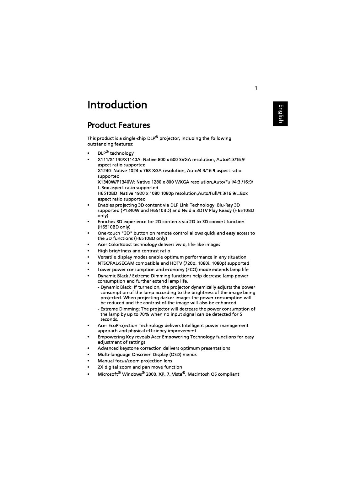 Acer MRJFZ1100A manual Introduction, Product Features, English 