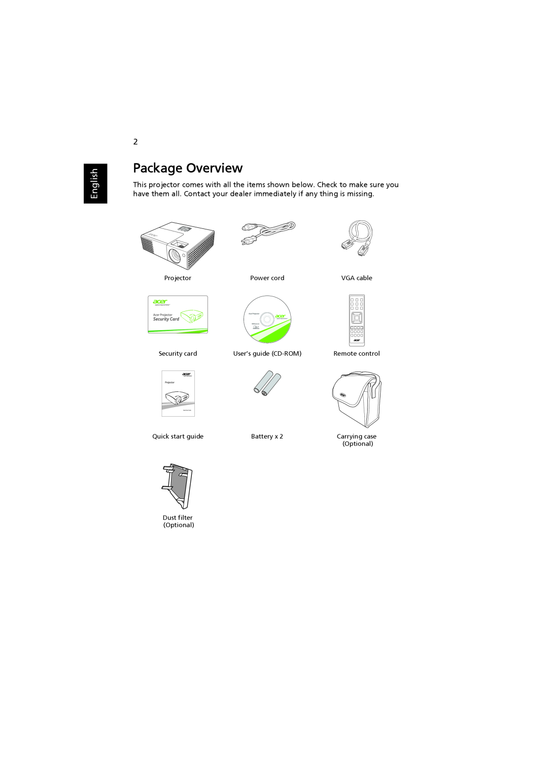 Acer MRJFZ1100A manual Package Overview, English 