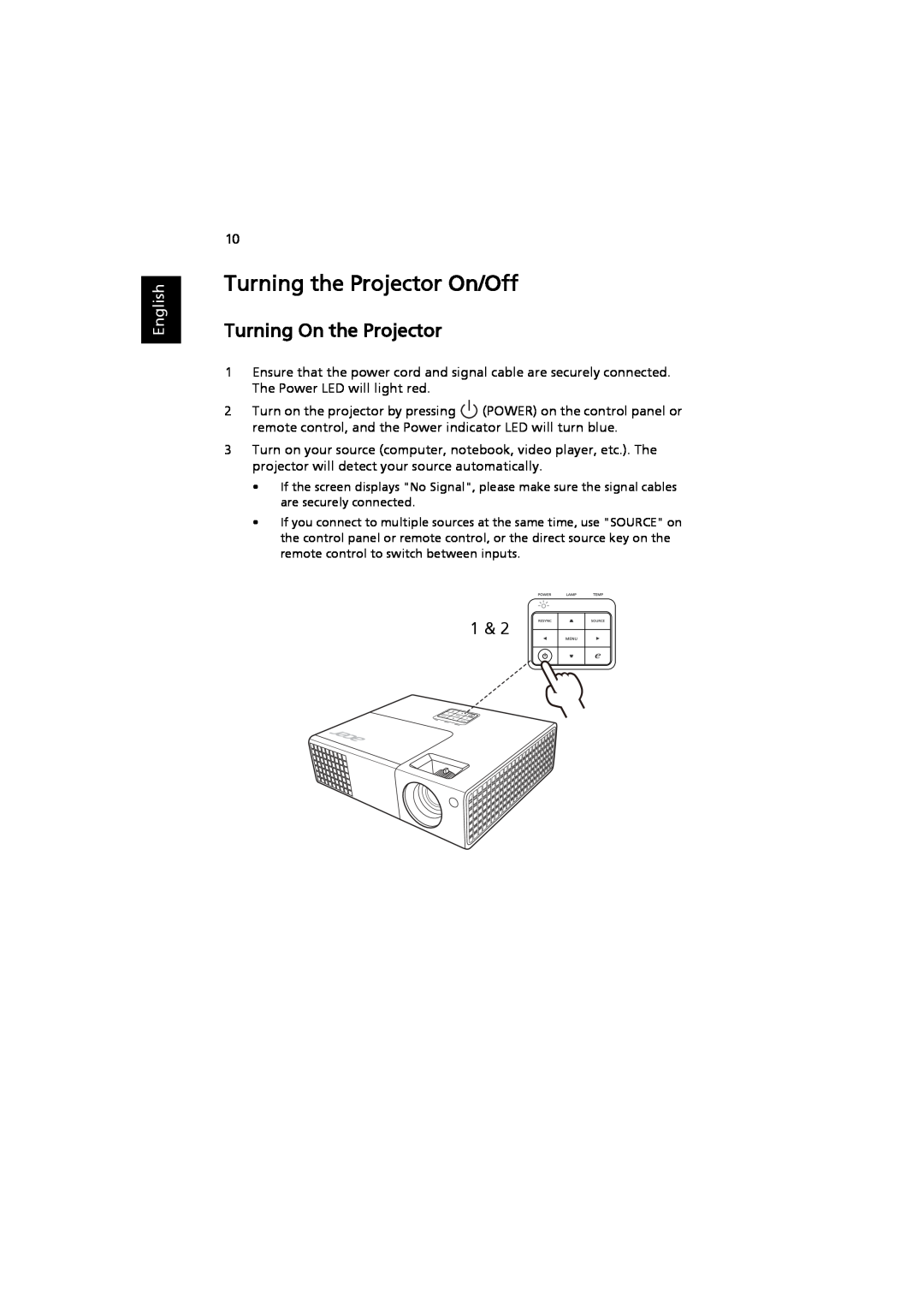 Acer MRJFZ1100A manual Turning the Projector On/Off, Turning On the Projector, English 