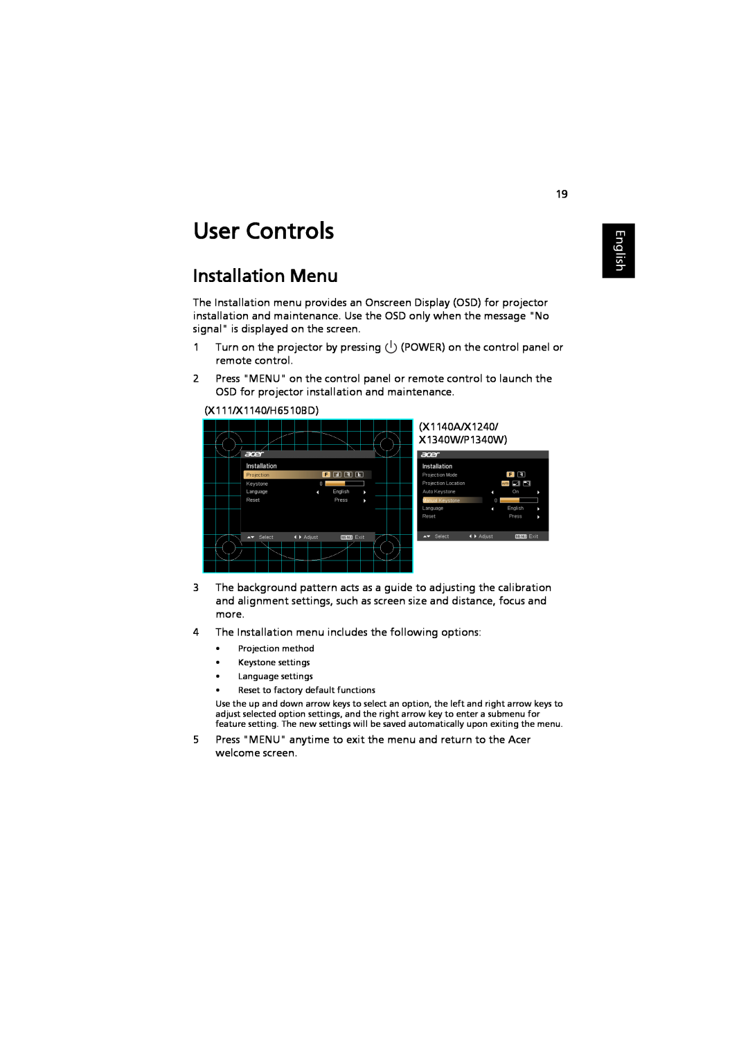 Acer MRJFZ1100A manual User Controls, Installation Menu, English 